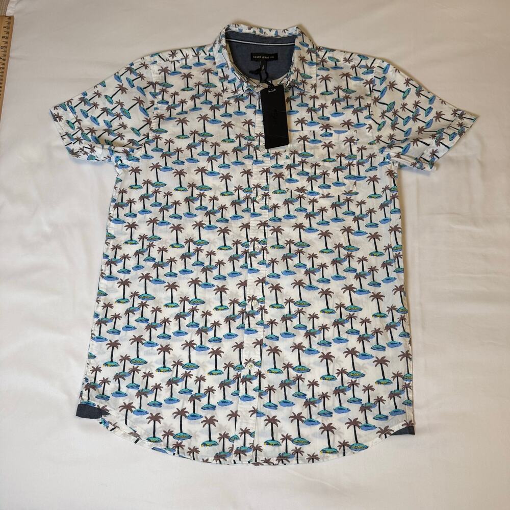 Men’s Silver Jeans Brand Short Sleeve Shirt. Palm Tree Print. Sz S NWT